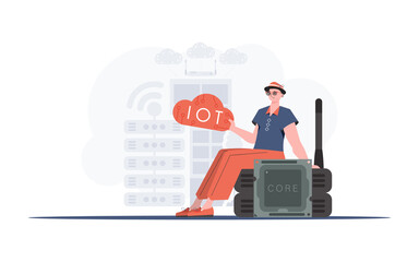 Internet of things concept. The guy sits on the router and holds the internet of things logo in his hands. Trendy flat style. Vector.