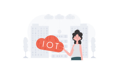 A woman is holding an internet thing icon in her hands. Internet of things and automation concept. Good for presentations and websites. Trendy flat style. Vector.