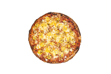 Delicious three cheese pizza with olives and yellow pepper isolated