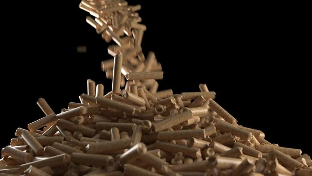 wood pellet heating; falling wood pellets against black background. Animation about wood pellet heating and renewable energy sources