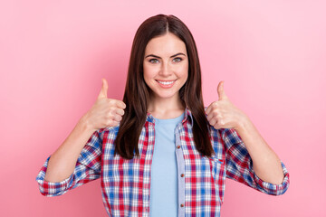Photo of cute cheerful lady show thumbs-up promote shop sale bargains isolated on pastel pink color background
