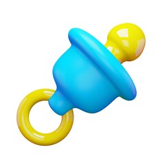 3d render baby nipple icon. Rendering illustration of blue and yellow colors pacifier isolated on white background. Cartoon cute toy design. Plastic soother for calm to sleep child. Care newborn tool.