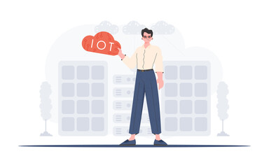 The guy is holding an internet thing icon in his hands. IoT concept. Good for websites and presentations. Vector illustration in flat style.