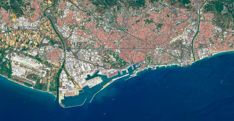 Barcelona on open data satellite image - obrazy, fototapety, plakaty