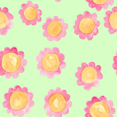 Pink with yellow flowers watercolor painting - seamless pattern with blossom on light green background