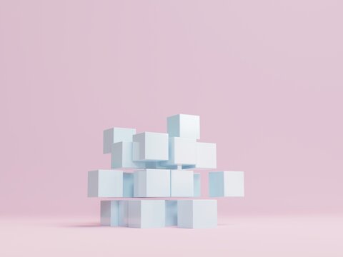 3d rendering, 3d illustration, flying group of cubic in pastel color tone