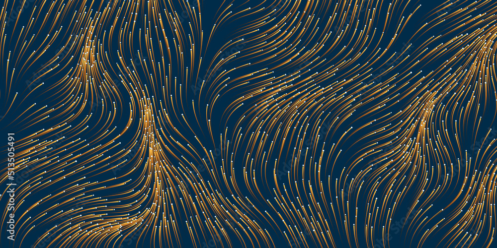 Poster dark brown and green moving, flowing stream of particles in curving, wavy lines - digitally generate