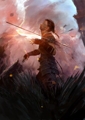 Fototapeta na wymiar A bloody zombie warrior stands on a flower field against the background of sunset and beautiful clouds. he was wounded by an arrow in the shoulder, and blood splashes are flying. 2d art