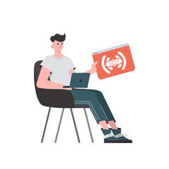 A man holds an IoT logo in his hands. Internet of things concept. Isolated. Vector.