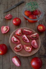 Chopped tomato. Tomato prepared to make juice, gazpacho or salmorejo. Tomato for salad.