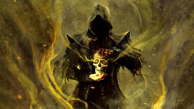 An evil dark magician in a hood holds a ritual skull in his hands, whose eyes are burning. he is surrounded by magical energy, and sparks and poisonous fog are flying in the air. 2d art