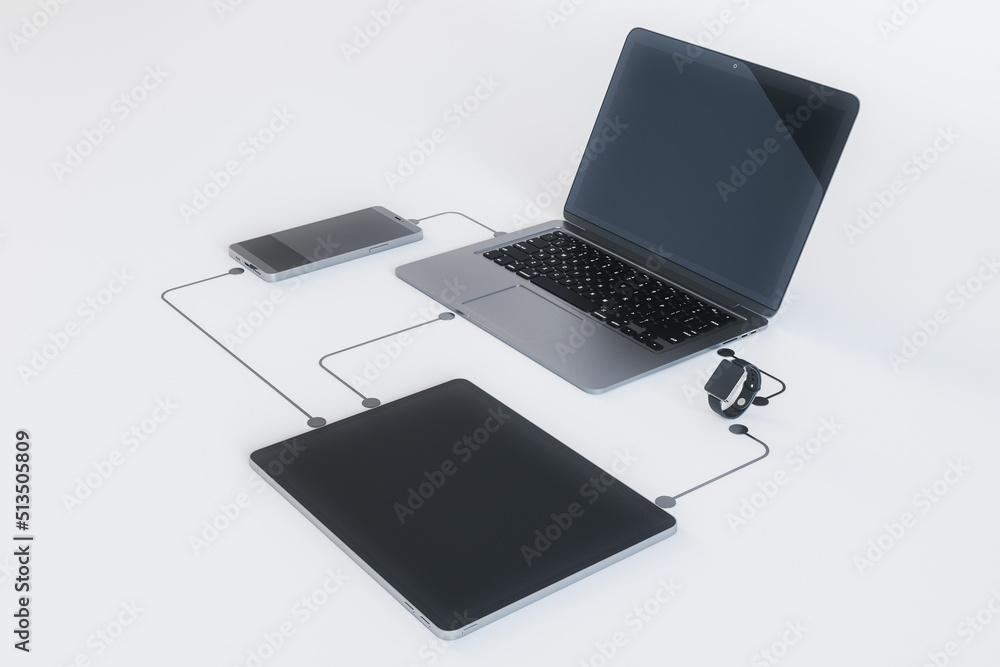 Poster Wireless connection and cloud data exchange concept with perspective view on dark modern laptop, smartphone, smart watch and digital tablet connected by virtual lines on white surface. 3D rendering