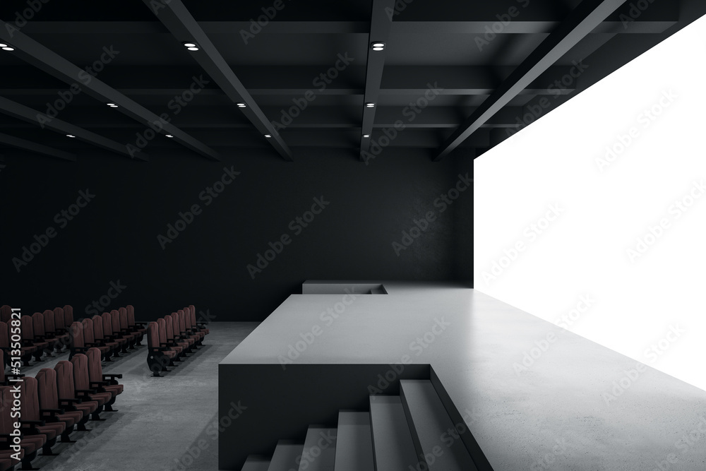 Poster Side view on empty concert hall with blank white screen with space for your text or logo, stage and seat rows. 3D rendering, mock up