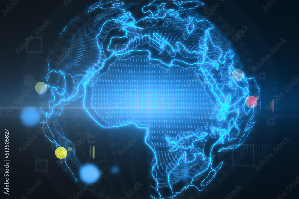 Poster digital graphic world map design template with africa continent glowing lined on abstract background
