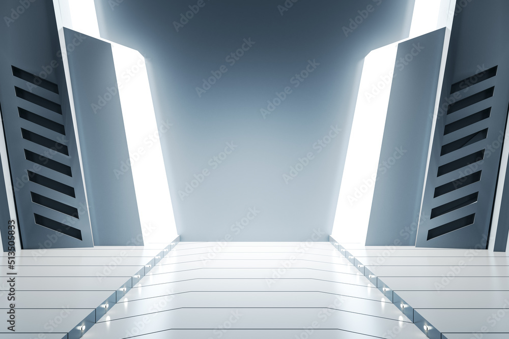 Poster modern futuristic spaceship interior with lights and mock up place on wall. design and space concept