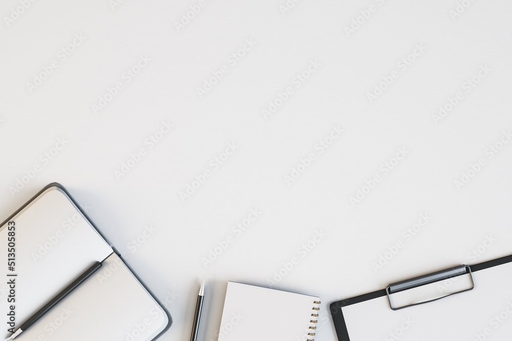 Poster Top view of empty white desktop with supplies. Work place and stationery objects concept. Mock up, 3D Rendering.
