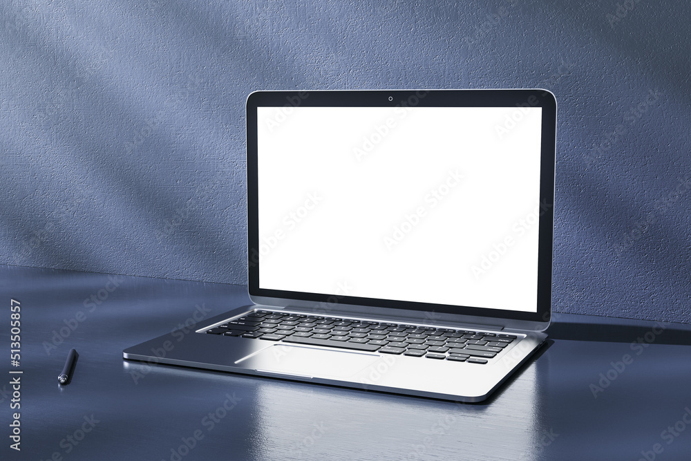 Aufkleber Close up of empty white laptop frame screen on abstract shiny workplace background with reflections and pen. Designer workspace concept. Mock up, 3D Rendering.