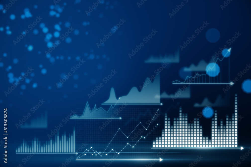 Poster Abstract glowing business chart hologram on blurry blue bokeh background. Finance, report and ai concept. 3D Rendering.