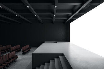 Obraz premium Side view on empty concert hall with blank white screen with space for your text or logo, stage and seat rows. 3D rendering, mock up