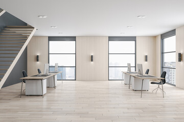 Bright two floors wooden and concrete duplex office interior with panoramic city view, furniture and daylight. 3D Rendering.