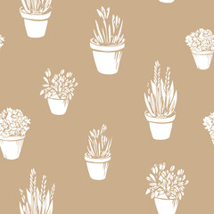 Simple art seamless pattern with silhouette flowerpots, flower, pot. White elements on a beige background. Hand drawn vector illustration object. Home, garden, Interior concept or decor.