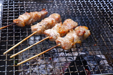炭火を使ったバーベキューで、焼き鳥を焼く