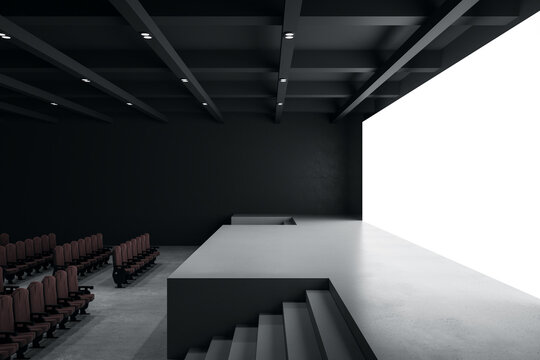 Side view on empty concert hall with blank white screen with space for your text or logo, stage and seat rows. 3D rendering, mock up