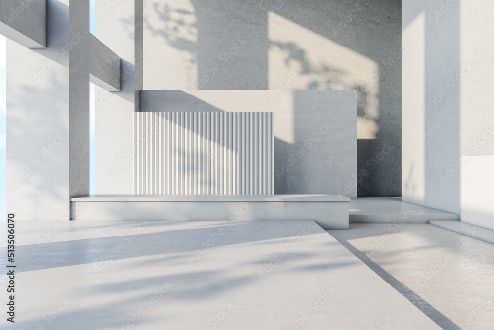 Poster sunlit art space hall with modern architecture design, light grey concrete walls and floor. 3d rende