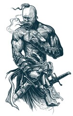 Graphic detailed strong ukrainian cossack warrior smoking pipe and holding sword. Black and white vector on white background.