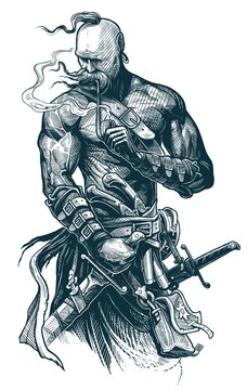 Graphic detailed strong ukrainian cossack warrior smoking pipe and holding sword. Black and white vector on white background.