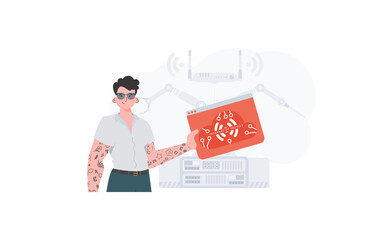 The guy is holding an internet thing icon in his hands. Internet of things concept. Good for websites and presentations. Trendy flat style. Vector.
