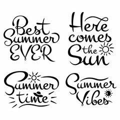 Vector set of four calligraphic inscriptions on the theme of the sun and summer in black on a white