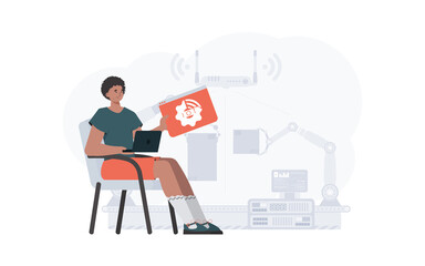 The guy is holding an internet thing icon in his hands. Internet of things concept. Good for websites and presentations. Vector illustration in trendy flat style.