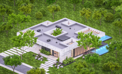 3d rendering of new concrete house in modern style with pool and parking for sale or rent and beautiful landscaping on background. Only one floor. Clear summer evening with cozy light from window