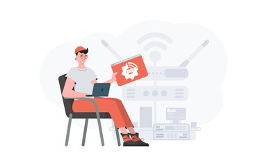 The guy is holding an internet thing icon in his hands. Internet of things concept. Good for websites and presentations. Vector illustration in flat style.