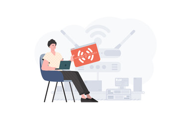 The guy is holding an internet thing icon in his hands. Internet of things concept. Good for presentations and websites. Vector illustration in flat style.