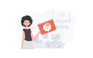 A woman is holding an internet thing icon in her hands. Internet of things concept. Good for presentations and websites. Vector illustration in trendy flat style.