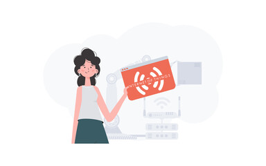 A woman is holding an internet thing icon in her hands. Internet of things concept. Good for presentations and websites. Trendy flat style. Vector.