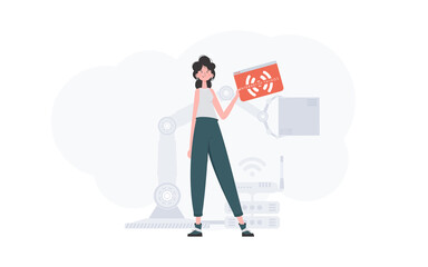 A woman is holding an internet thing icon in her hands. Internet of things concept. Good for websites and presentations. Trendy flat style. Vector.