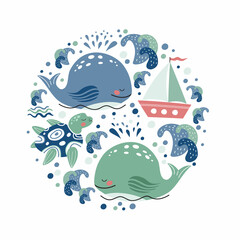 Round emblem with a ship, whales, sea turtles and waves. Children's illustration.