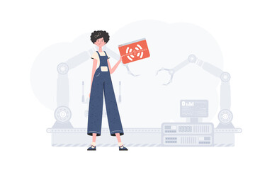 A woman is holding an internet thing icon in her hands. Internet of things concept. Good for websites and presentations. Vector illustration.