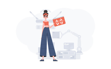 Fototapeta na wymiar A woman is holding an internet thing icon in her hands. Internet of things concept. Good for presentations and websites. Vector illustration in trendy flat style.