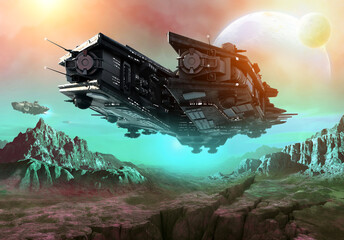 space ship flying low over planet 3D illustration  © warpaintcobra