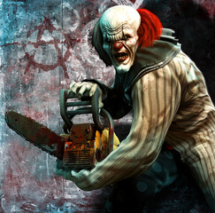 Killer clown with chainsaw 3D illustration