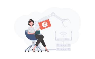 A woman is holding an internet thing icon in her hands. Internet of things concept. Good for presentations and websites. Trendy flat style. Vector.