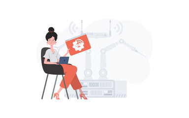 A woman is holding an internet thing icon in her hands. IoT concept. Good for websites and presentations. Vector illustration in trendy flat style.