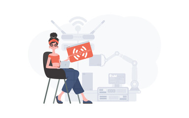 A woman is holding an internet thing icon in her hands. IoT concept. Good for presentations and websites. Trendy flat style. Vector.