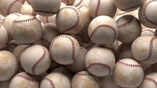Many baseballs roll onto the screen hiding the background, then fall down. Includes a depth channel and colors to separate the background from the balls.
