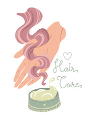 Hair care. Strand hair lies on hand, hair mask. Vector illustration for postcards, stickers, posters. Colorful trendy illustration. Cartoon style