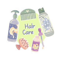 Various hair care products, shampoo, balm, hair oil, head wash brush, comb. Vector illustration for postcards, stickers, posters. Colorful trendy illustration. Cartoon style